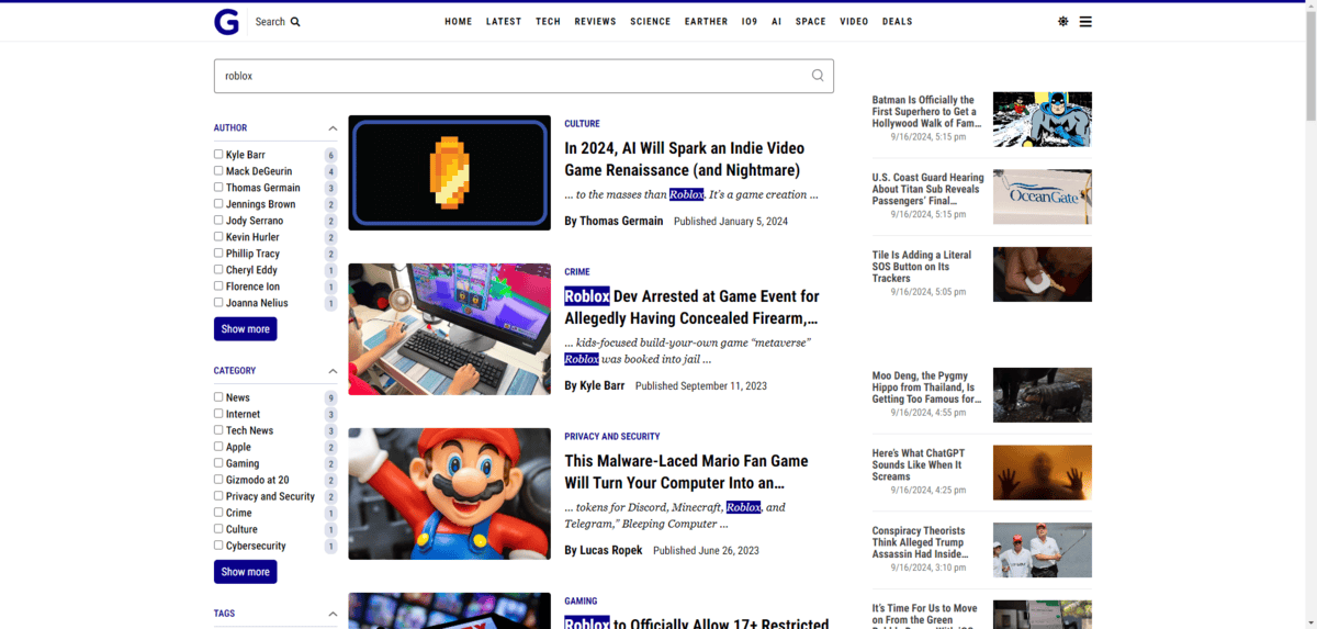 When someone performs a search on the Gizmodo blog, they’re taken to a search results page. The word or phrase they searched for is then highlighted in the resulting posts. In this case, we see the word “Roblox” highlighted in titles and/or excerpts for each post.