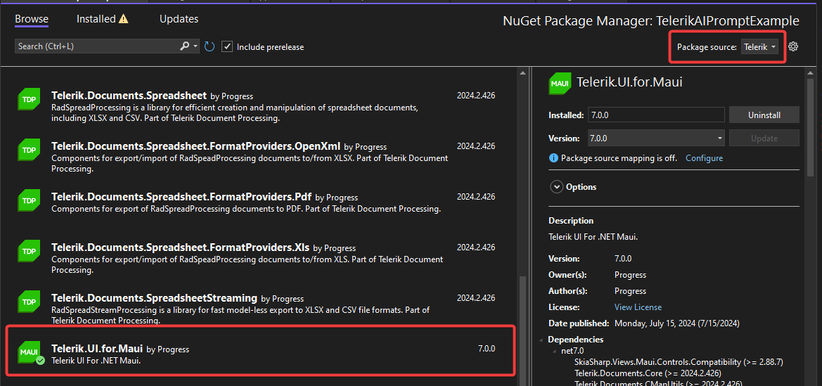 Installing the Telerik for Maui nuget package