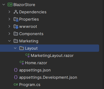 A folder structure showing a separate Marketing folder next to Blazor's usual Components folders