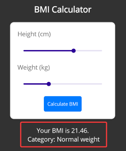 The application displaying sliders with the properties Maximum, Minimum, and Value assigned, performing the calculation of the body mass index