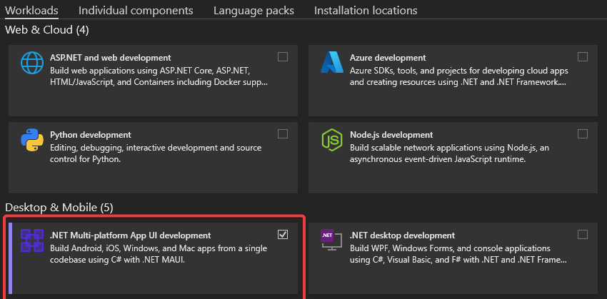 Selecting the workload to install the .NET MAUI Blazor Hybrid and Web App template