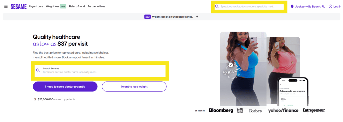 On the Sesame website home page, there are two search bars — one in the header and one in the hero image. Both invite visitors to search Sesame by symptom, service, doctor name, specialty, and medication. 