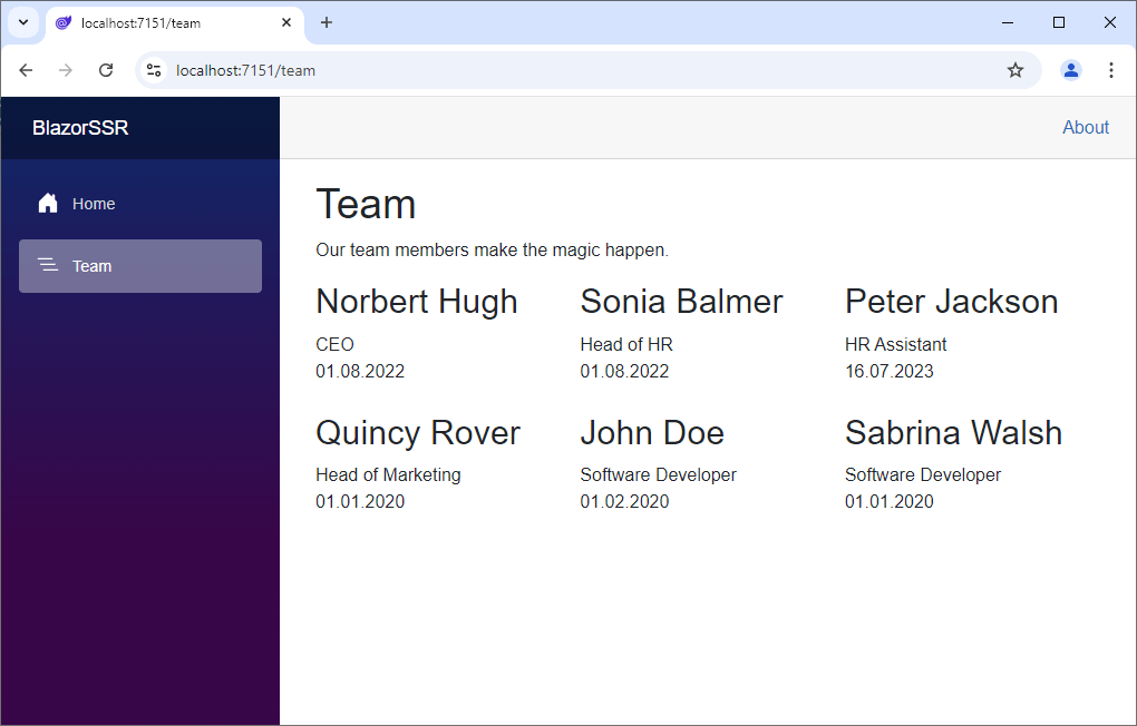 A Blazor web application using stream rendering showing the updated page, which now contains the data sent using stream rendering.