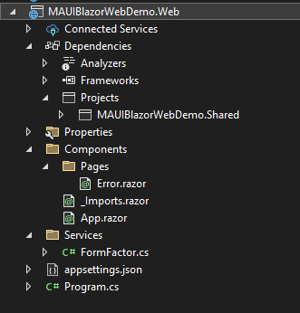 The files in the Blazor project define components specific to the web project and reference the Shared project