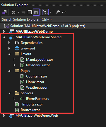 The files within the Shared project of the .NET MAUI Blazor Hybrid and Web App template