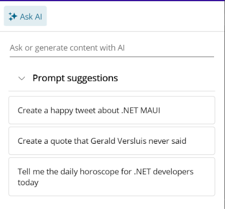 .NET MAUI AIPrompt control displaying a list of prompts suggestions