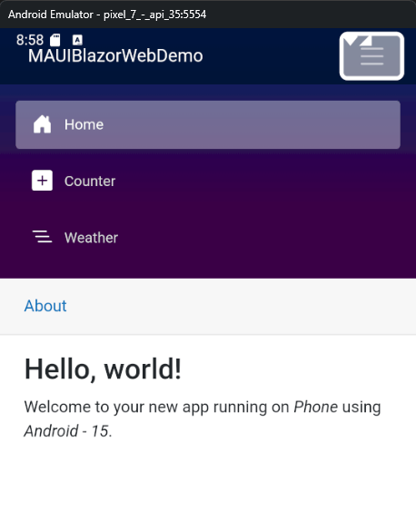 The .NET MAUI application displaying specific operating system information on an Android device