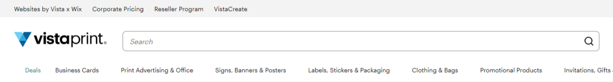 In the search bar on the VistaPrint website, there is placeholder text inside the bar that says “Search” as well as a simple magnifying glass icon on the right.