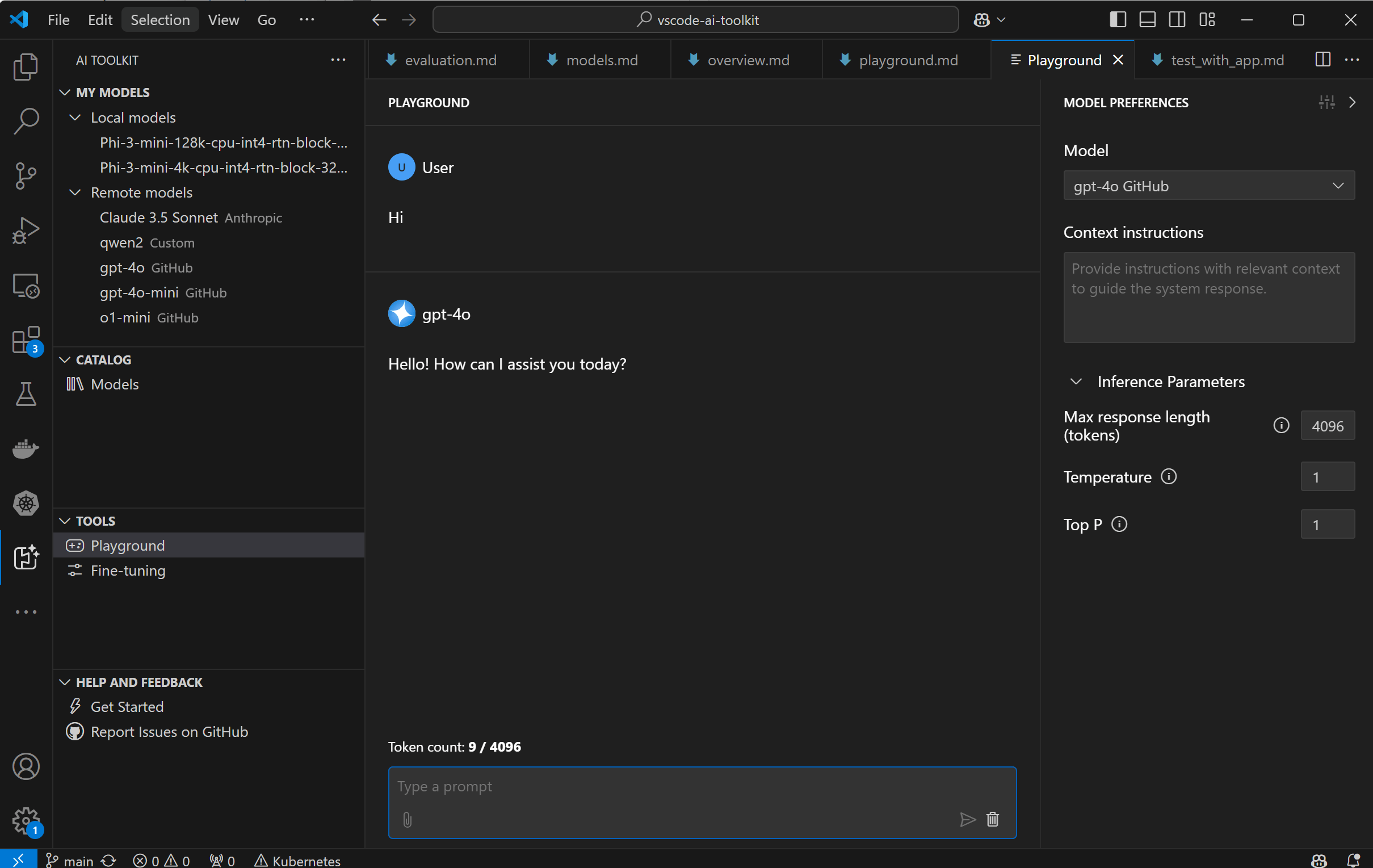 GitHub Models playground extension in VS Code