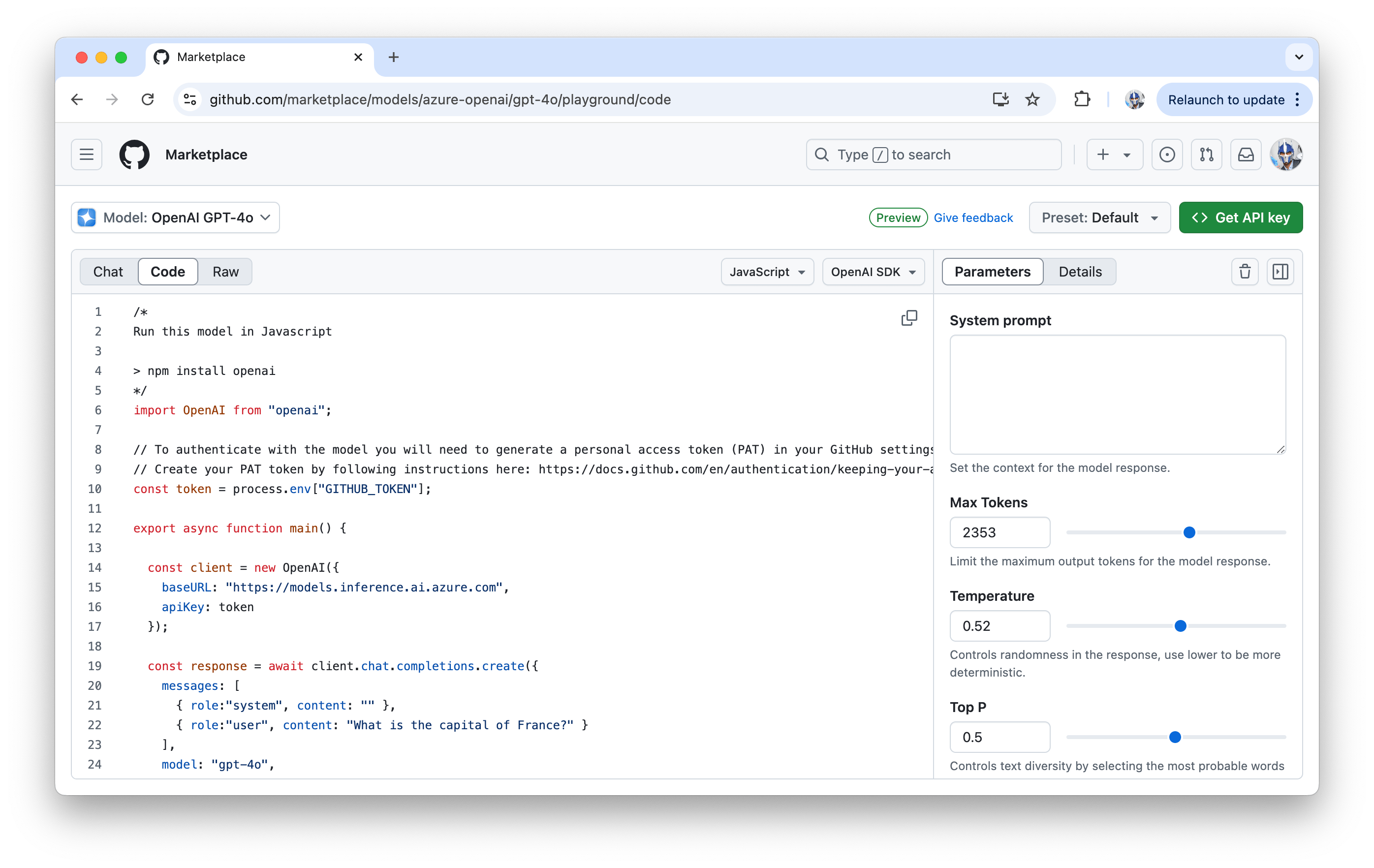 GitHub Models playground code