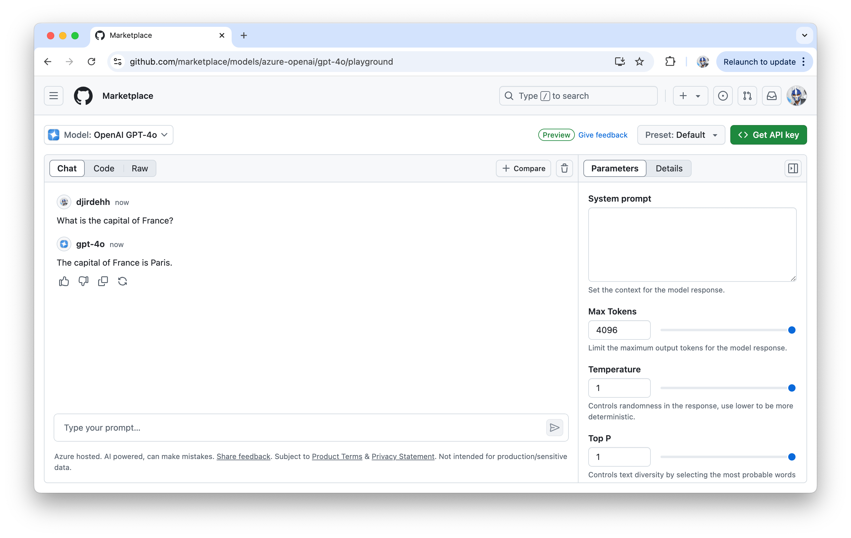 GitHub Models playground