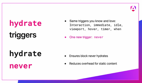 Hydrate triggers - same triggers you know and love. One new trigger: never. Hydrate never - ensures block never hydrates, reduces overhead for static content