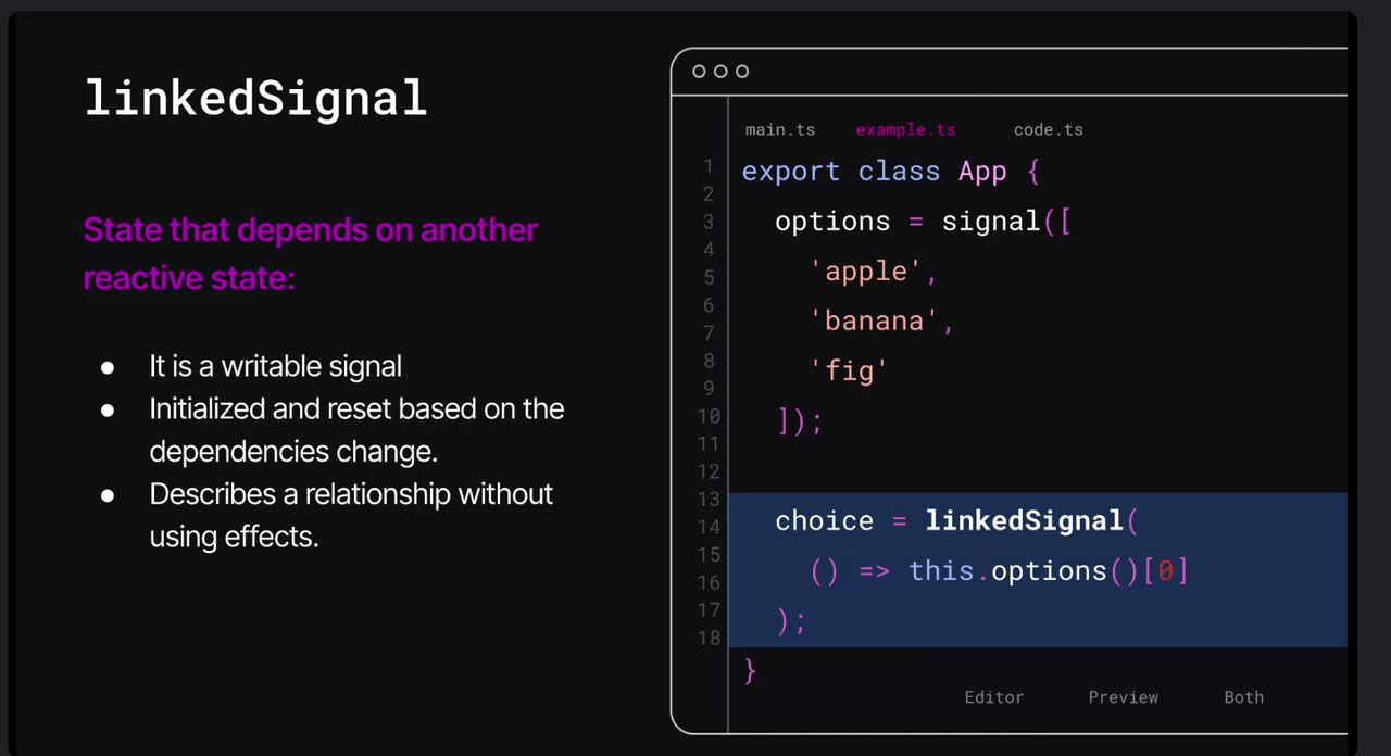 linkedSignal. State that depends on another reactive state: writable signal, initialized and reset based on dependency change, describe relationship without using effects