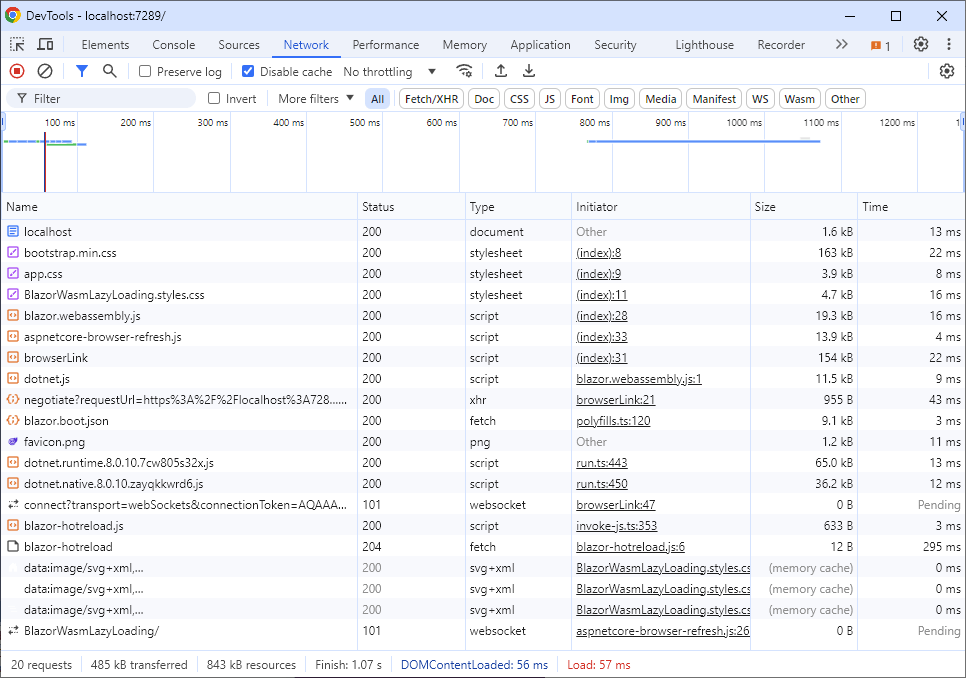 Google Chrome's developer tools showing the loaded website without the BlazorWasmLazyLoading.Members WebAssembly bundle.