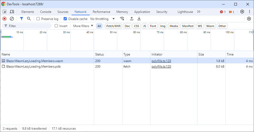 Google Chrome's developer tools showing the lazy loaded BlazorWasmLazyLoading.Members WebAssembly bundle.