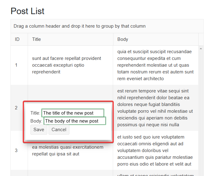 A floating window that allows entering the information for the new post using the TelerikWindow control