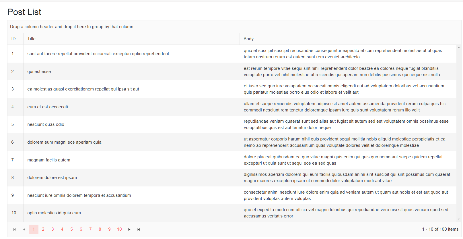 The Telerik DataGrid control displaying posts retrieved from the GraphQL service