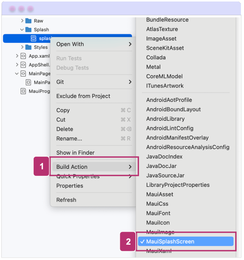 1- Build Action, 2- MauiSplashScreen