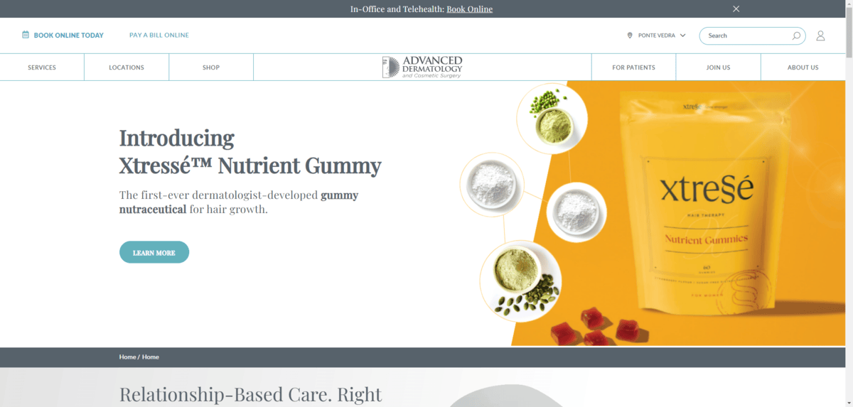 A screenshot taken from the top of the home page on the Advanced Dermatology website. We see a fullwidth hero section that says “Introducing Xtresse Nutrient Gummy”. The header and navigation above it is well designed and cleanly organized.