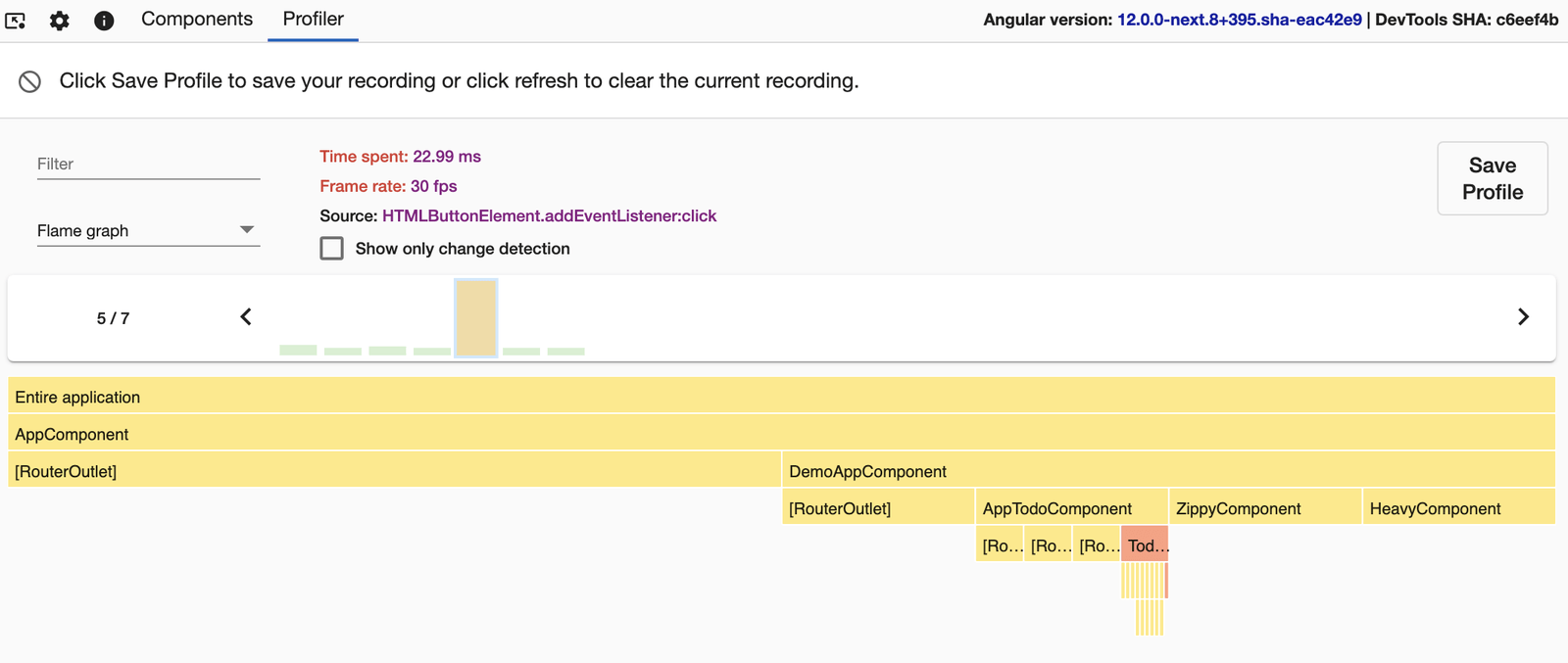 Angular Profiler flame graph shows mostly yellow with a spot of red on a nested component