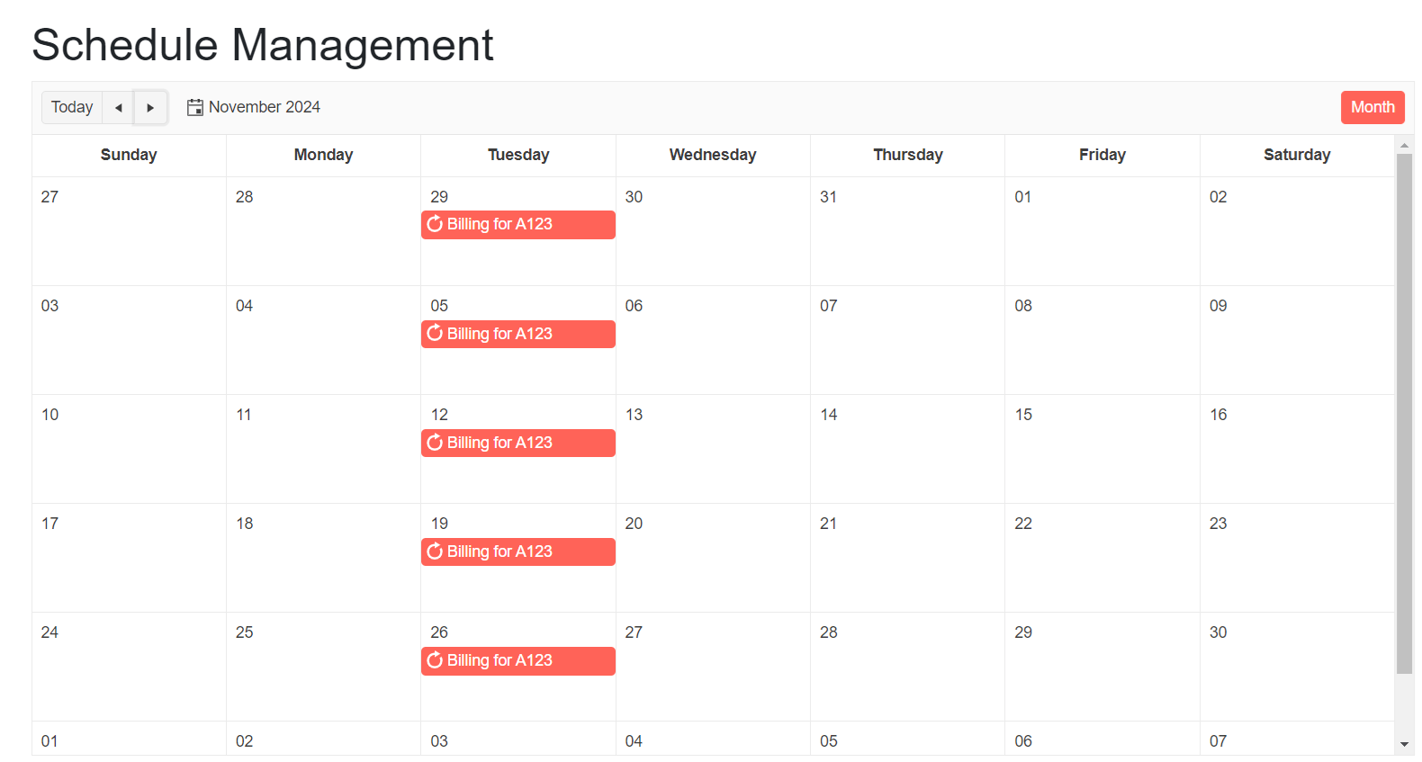 The Scheduler’s UI in month view, showing a repeating event on the Tuesday of every week in the month