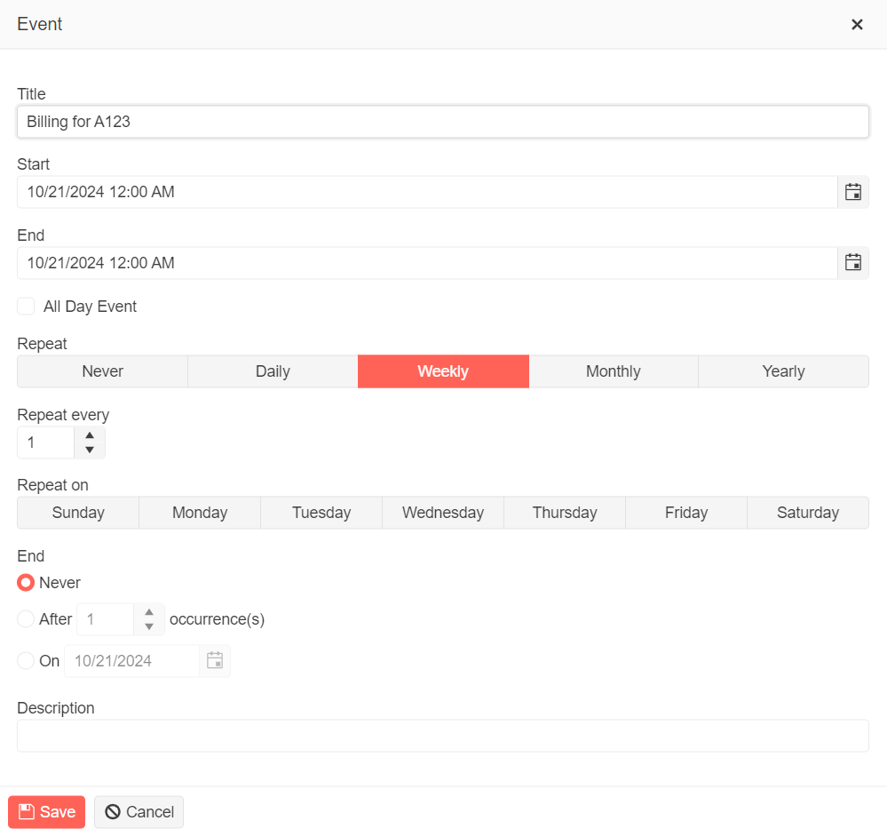 A version of the Event form that lets the user update the schedule’s title/description, whether it’s an all-day event, and set start/end properties. In addition, the form has a set of options for modifying the schedule to have it generate occurrences—e.g. whether events occur monthly, daily, etc.