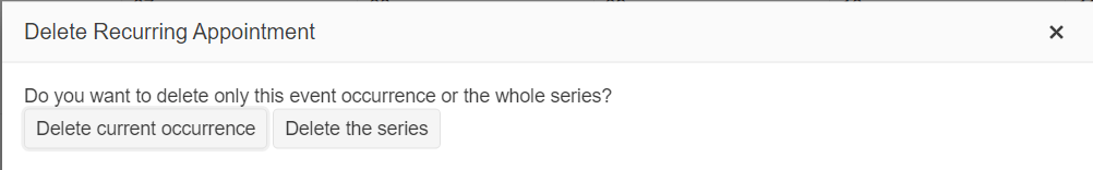 The Delete Recurring Appointment dialog box with two buttons: One is captioned “Delete current occurrence” and the other is captioned “Delete the series”