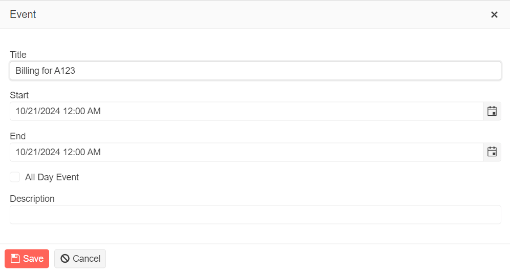 Telerik Scheduler’s Event form with textboxes for changing the title and description properties, whether this is an all-day event, and datepickers for changing the start and end dates. There is no option to change how the event re-occurs—i.e. whether it is a daily/weekly/etc. event)