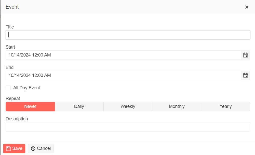 The Event form with title, description, start date, end date and a set of recurrence options (Never, Daily, Weekly, etc.) with the Never option selected