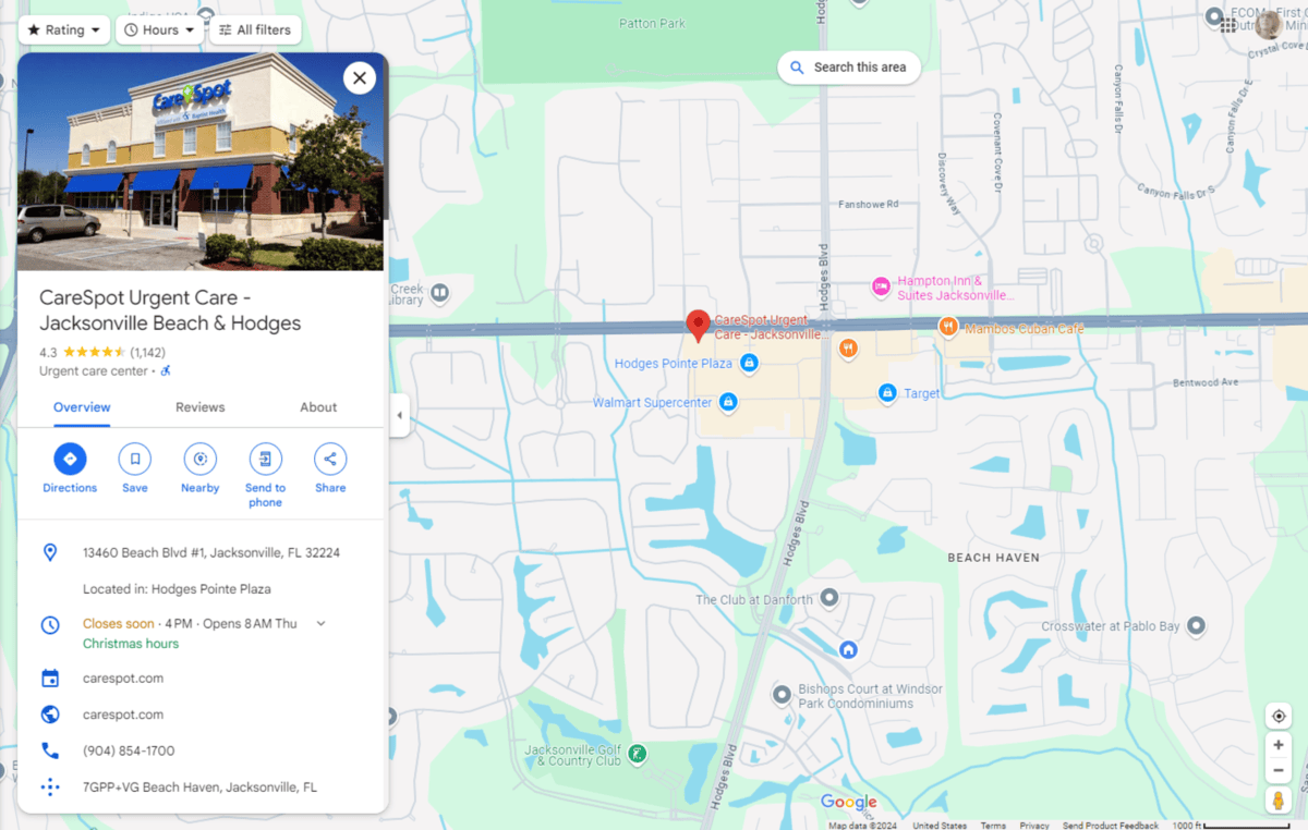 A search on Google Maps for CareSpot Urgent Care. It shows the name of the location, average user rating (4.3 stars), overview, reviews, and info about the location.