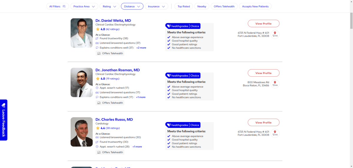 A search for “cardiologists” on the Healthgrades website. Here we see listings for 3 doctors: Dr. Daniel Weitz, Dr. Jonathan Rosman, and Dr. Charles Russo. Each listing includes a photo of the doctor, their name, their specialty, as well as their star rating and number of reviews available.
