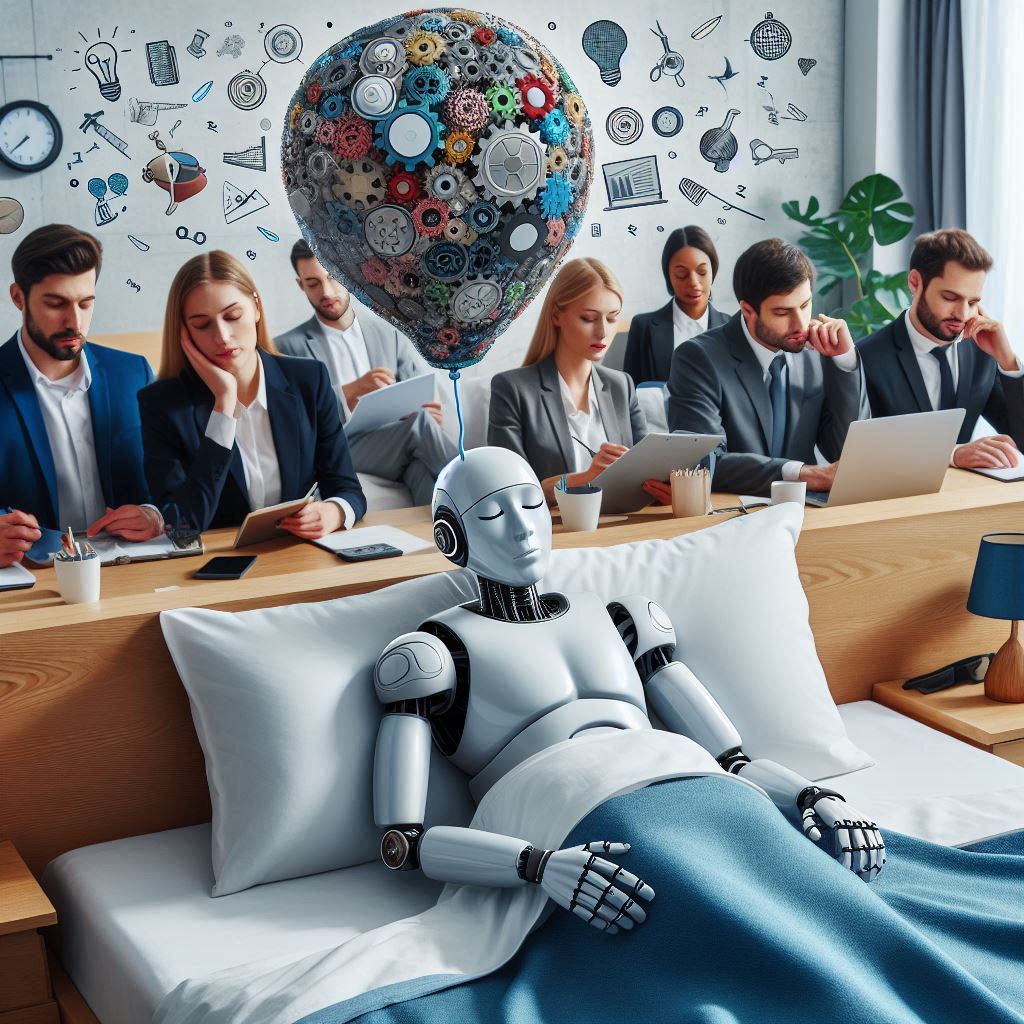 A panel of humans sits behind a sleeping robot, whose dream is a balloon filled with gears