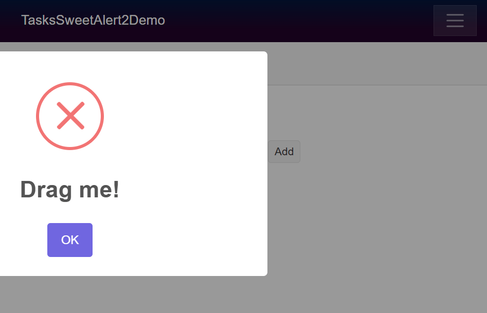 SweetAlert2 displaying a customized alert through a configuration object in Blazor