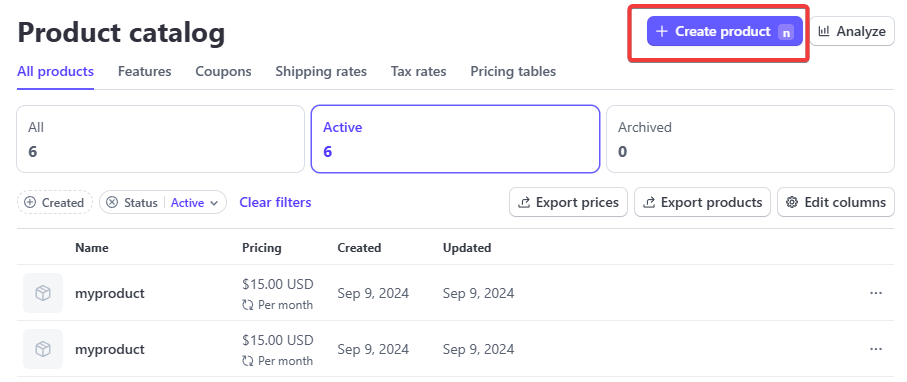 Selecting the button to create a new product