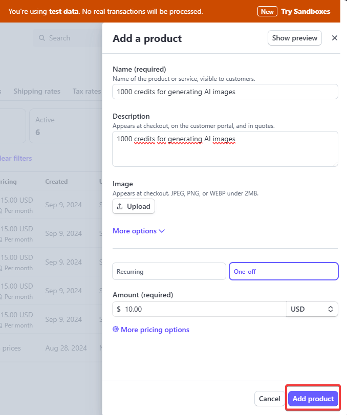 Setting up a new product in Stripe