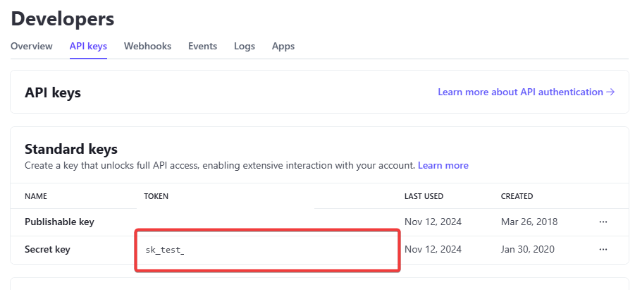 The API Keys Dashboard in Stripe