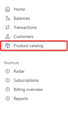 The Product catalog section in the Stripe dashboard