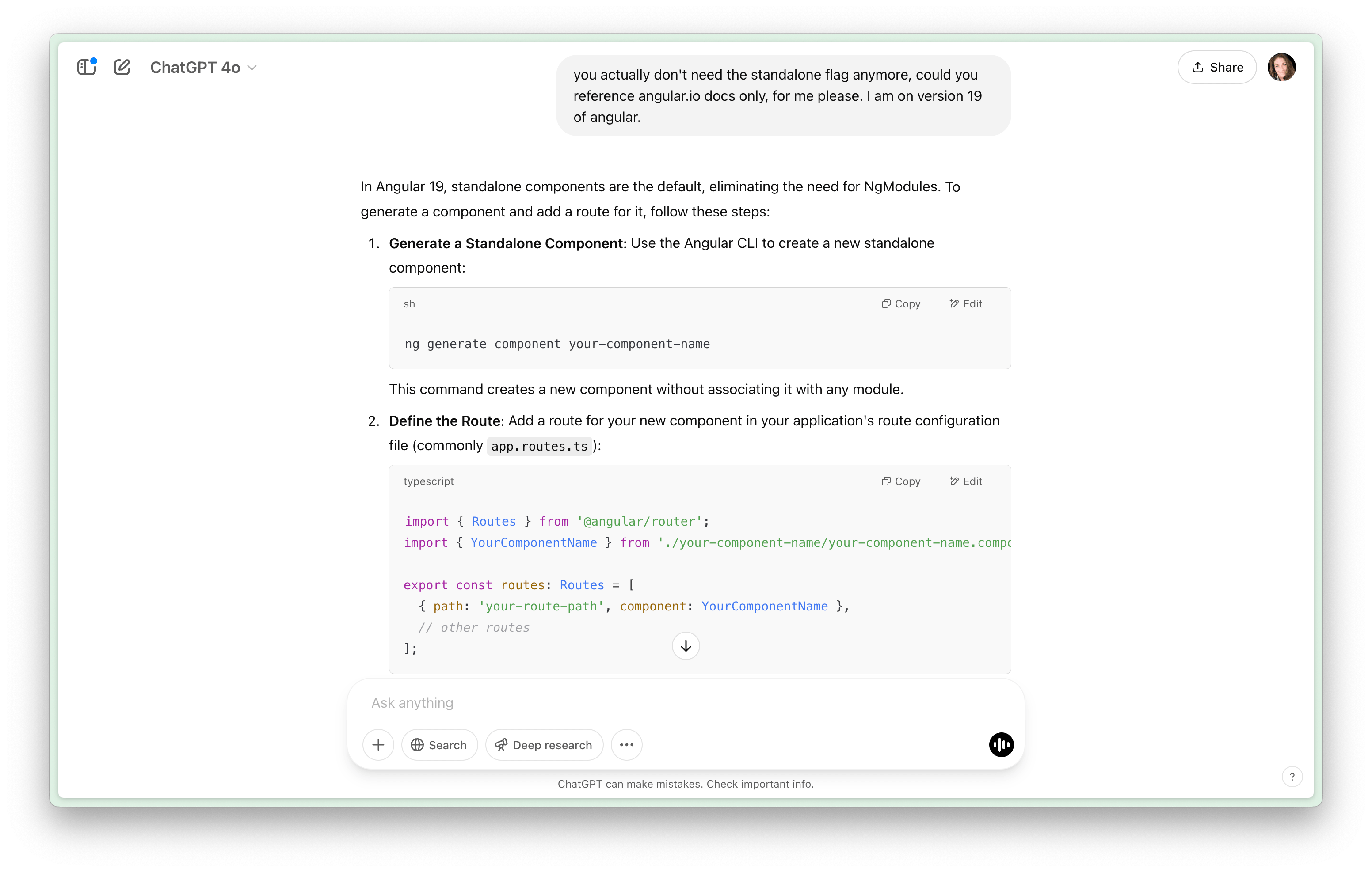 You don't need the standalone flag anymore. Can you please remember that, for me, using Angular 19. ChaptGPT tells me the steps to generate a component and add a route to it