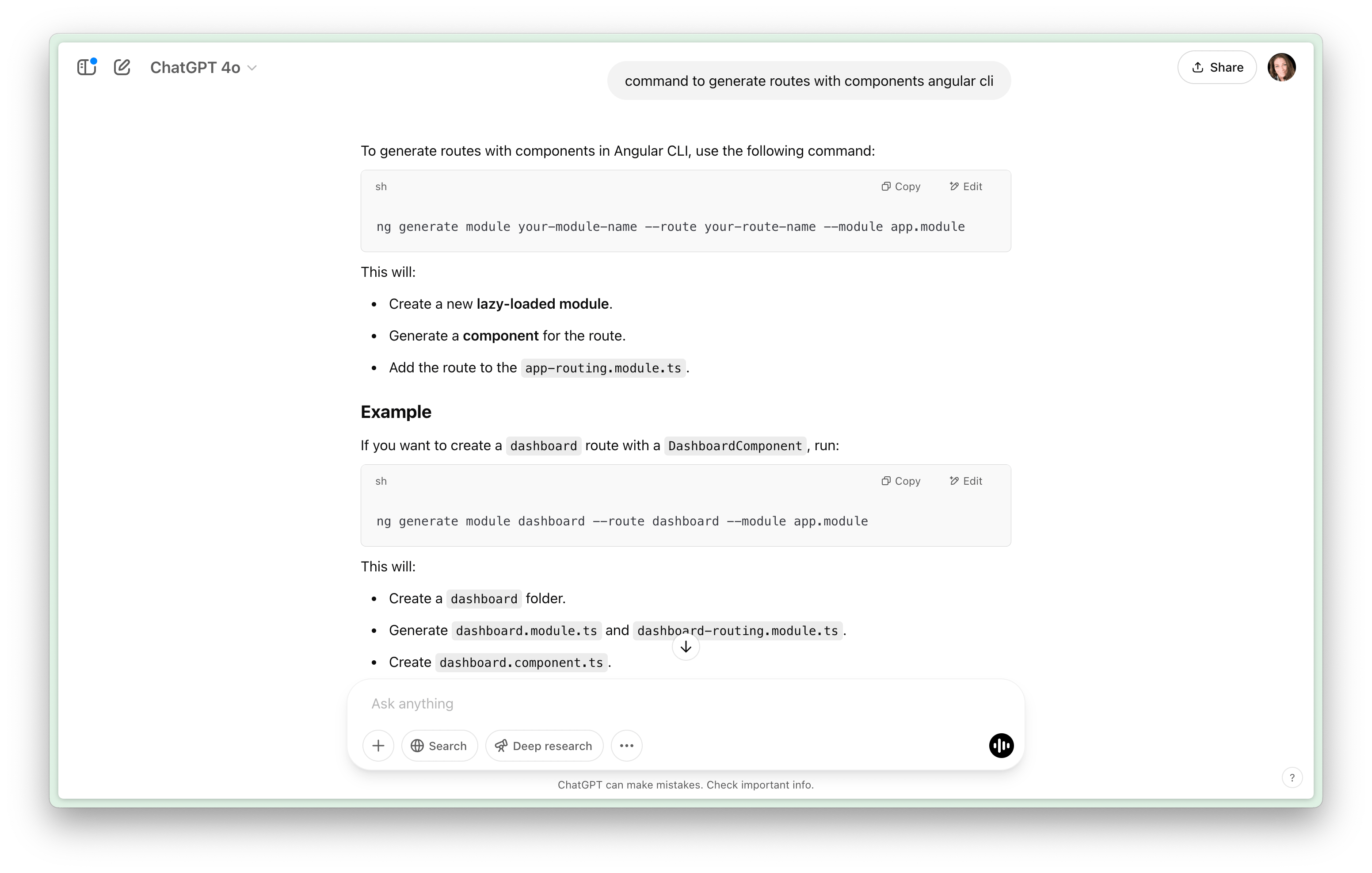 Asking ChatGPT the command to generate routes with components in Angular CLI. Answer includes modules.