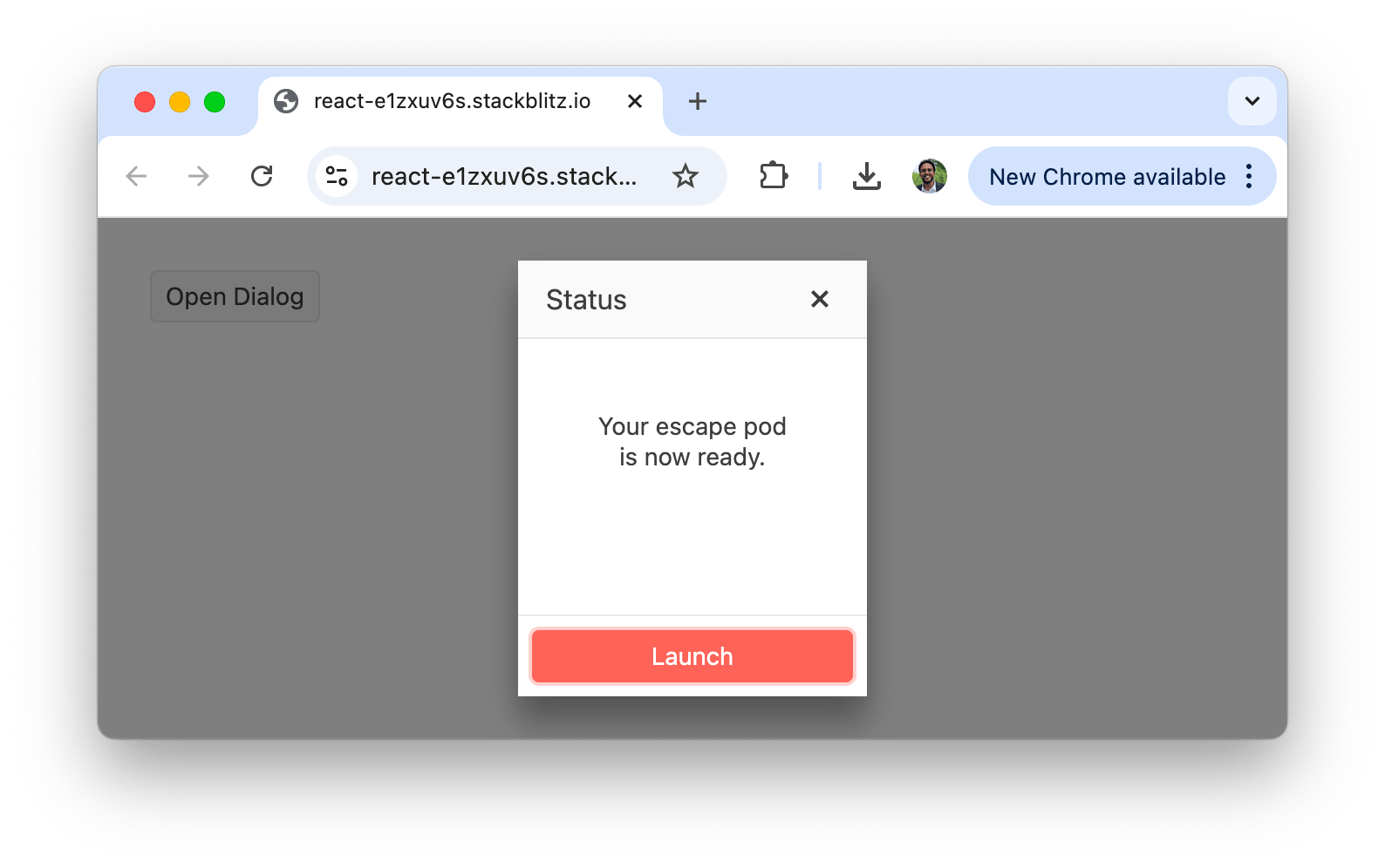 Your escape pod is now ready dialog. With a red Launch button