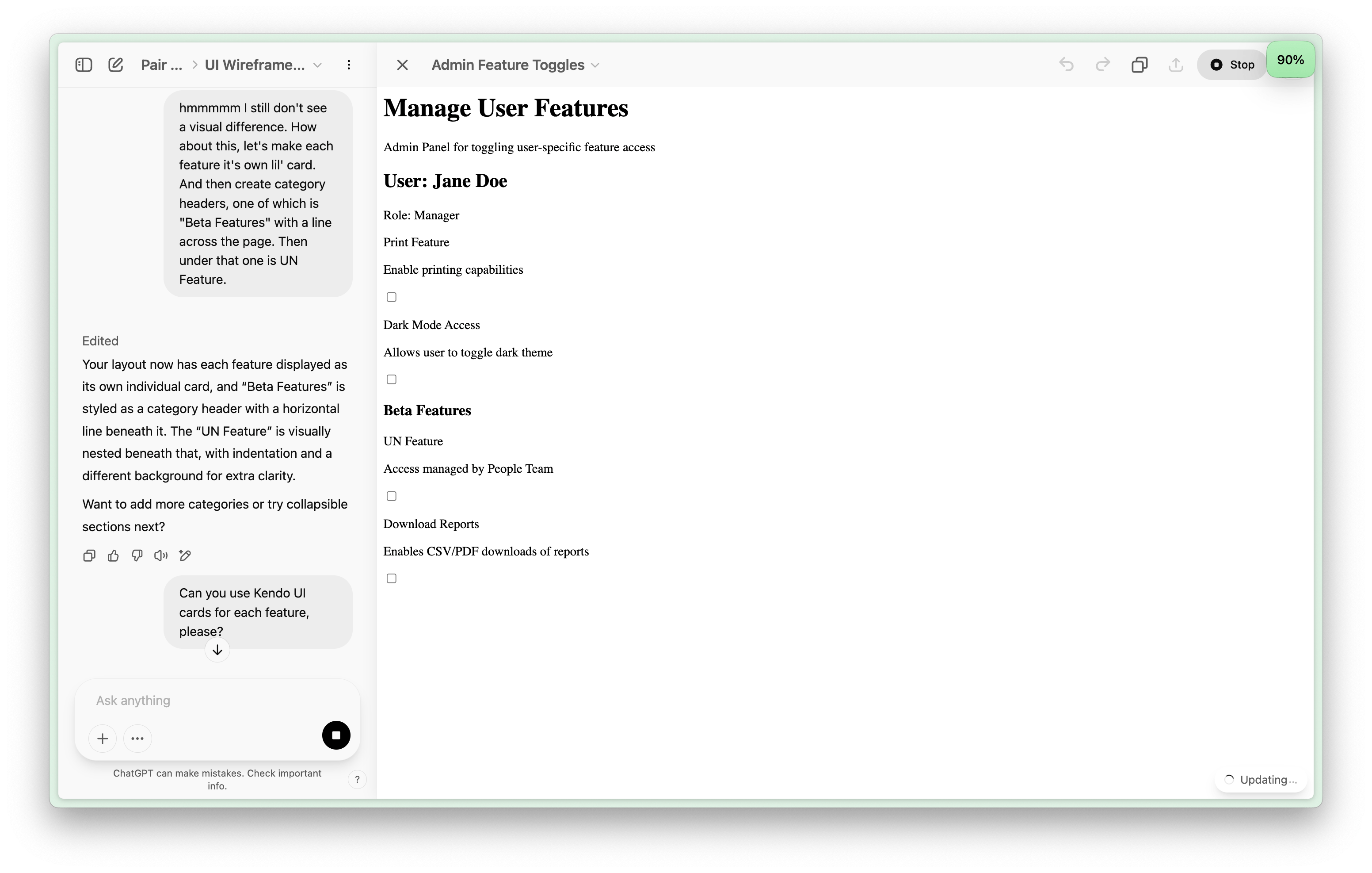 Alyssa asking to add each feature its own card