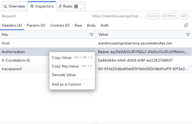 Fiddler’s Inspectors tab for a request message with Headers selected. The Authorization header is selected with a popup menu with three choices that has Copy Key at the top
