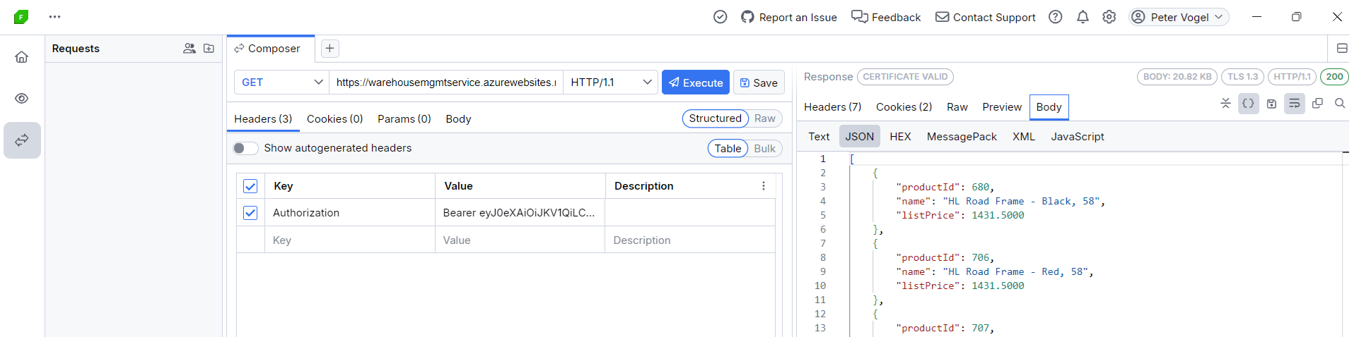 Fiddler’s Composer window, showing a request message in the middle and the results of sending that message on the right. The request message has a method of GET, a URL set to an Azure Web site, and a protocol of HTTP 1.1. Below that is a single header with Authorization in its first (Key) column and, in the second (Value) column, the word “Bearer” and the start of an encrypted string. On the right, the response area has Body and JSON selected and is showing the start of a JSON document