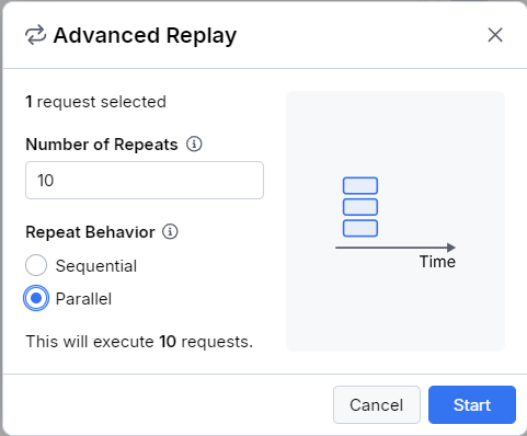 The Advanced Replay dialog with the number of replays set to 10 and the Parallel option selected