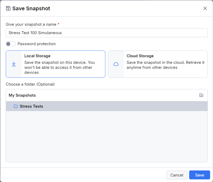 The Save Snapshot dialog with the name of the snapshot entered in the textbox at the top of the dialog (“Stress Test 100 Simultaneous”) and a file folder named “Stress Tests” selected in the file treeview across the bottom of the dialog. There are options to store the file in the cloud and assign the snapshot a password