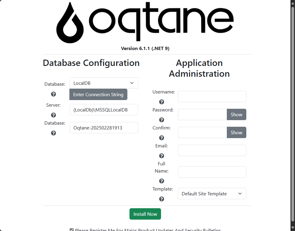 The initial installation screen of the Oqtane CMS