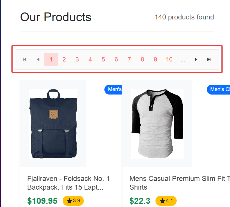 The Pager component enables pagination for displaying products in the store