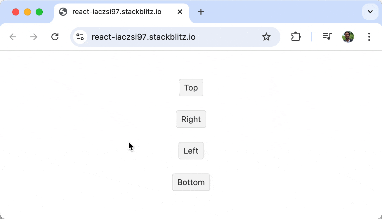 Four buttons labeled top, right, left and bottom show the tooltip in the corresponding position on hover