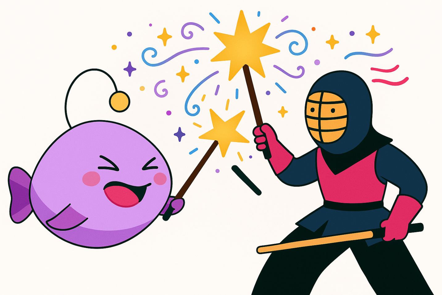 A vibrant 2D illustration featuring a cheerful purple anglerfish and a kendo practitioner casting glowing magical spells with wands. The anglerfish’s wand emits a bright yellow star, while the kendoka’s wand releases a similar starburst of magic. Both characters are smiling and surrounded by sparkles against a white background.