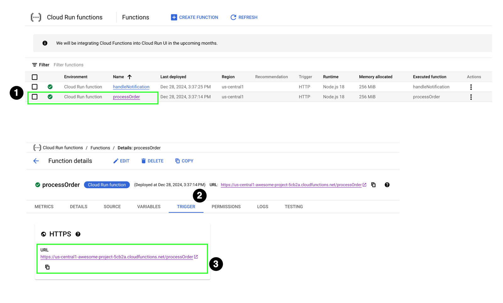 Get cloud function production URL